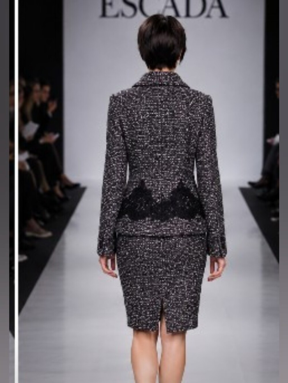 EXQUISITE ESCADA WOOL COTTON BLEND BLACK WHITE TWEED BOUCLE LACE SKIRT SUIT 10/8 - Picture 14 of 16